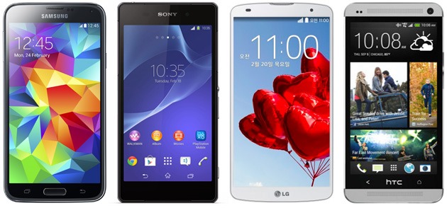 galaxy s5 vs xperia z2 vs lg g pro 2 vs htc one compare