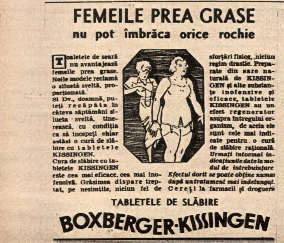 Fragment de ziar, din perioada interbelică - curele de slăbire în anii 1930