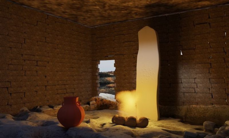 O reconstrucție artistică a modului în care ar fi putut arăta spațiul sacru cu monolitul în timpul ocupației din Epoca Bronzului la situl Erimi. Monolitul măsoară peste 2 metri în înălțime.