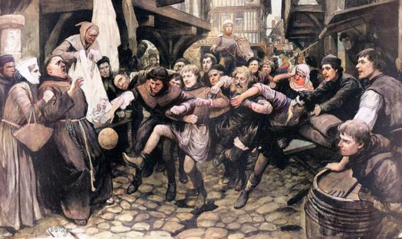 Ilustrație a fotbalului medieval pe străzile Londrei. În 1314, comercianții au cerut regelui Edward al II-lea să-l interzică din cauza impactului asupra afacerilor, iar regele a acceptat, temându-se de posibile consecințe negative.