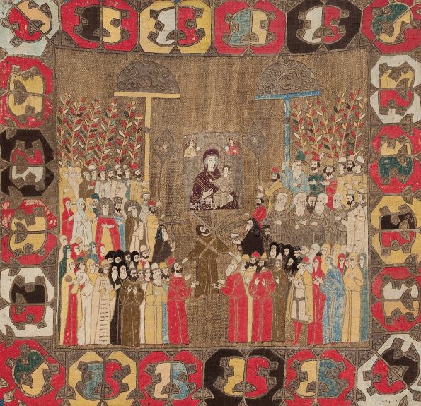 Reprezentare a procesiunii de Florii cu Ivan al III-lea și familia sa, pe un giulgiu aparținând Elenei, datat în jurul anului 1498.