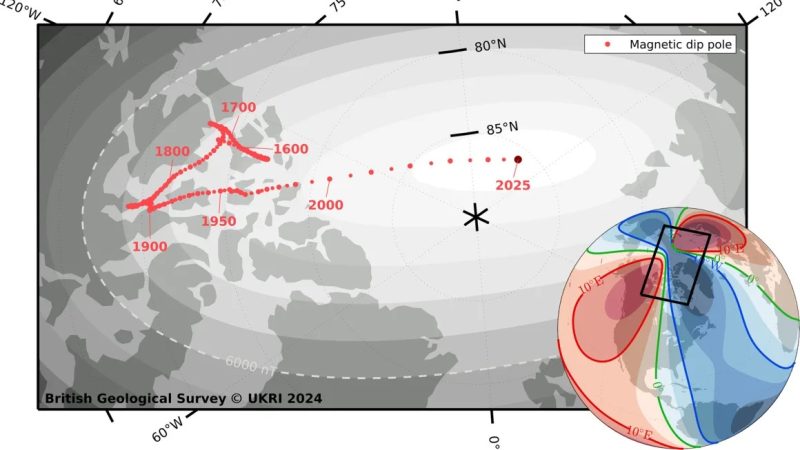 n imagine sunt ilustrate locațiile polului nord magnetic din perioada 1590 până în 2030