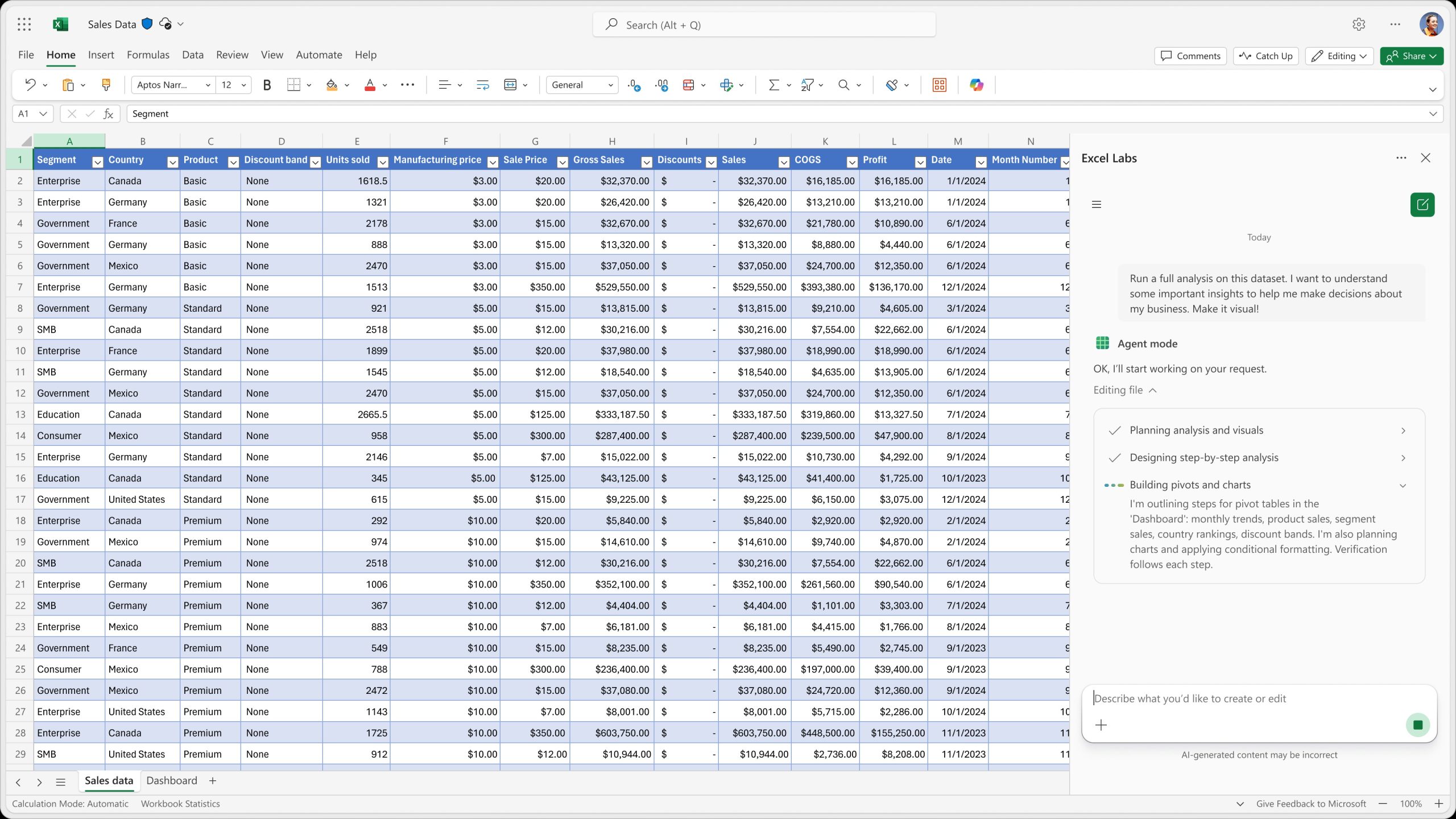 Agent Mode execută sarcini în Excel, în versiunea web