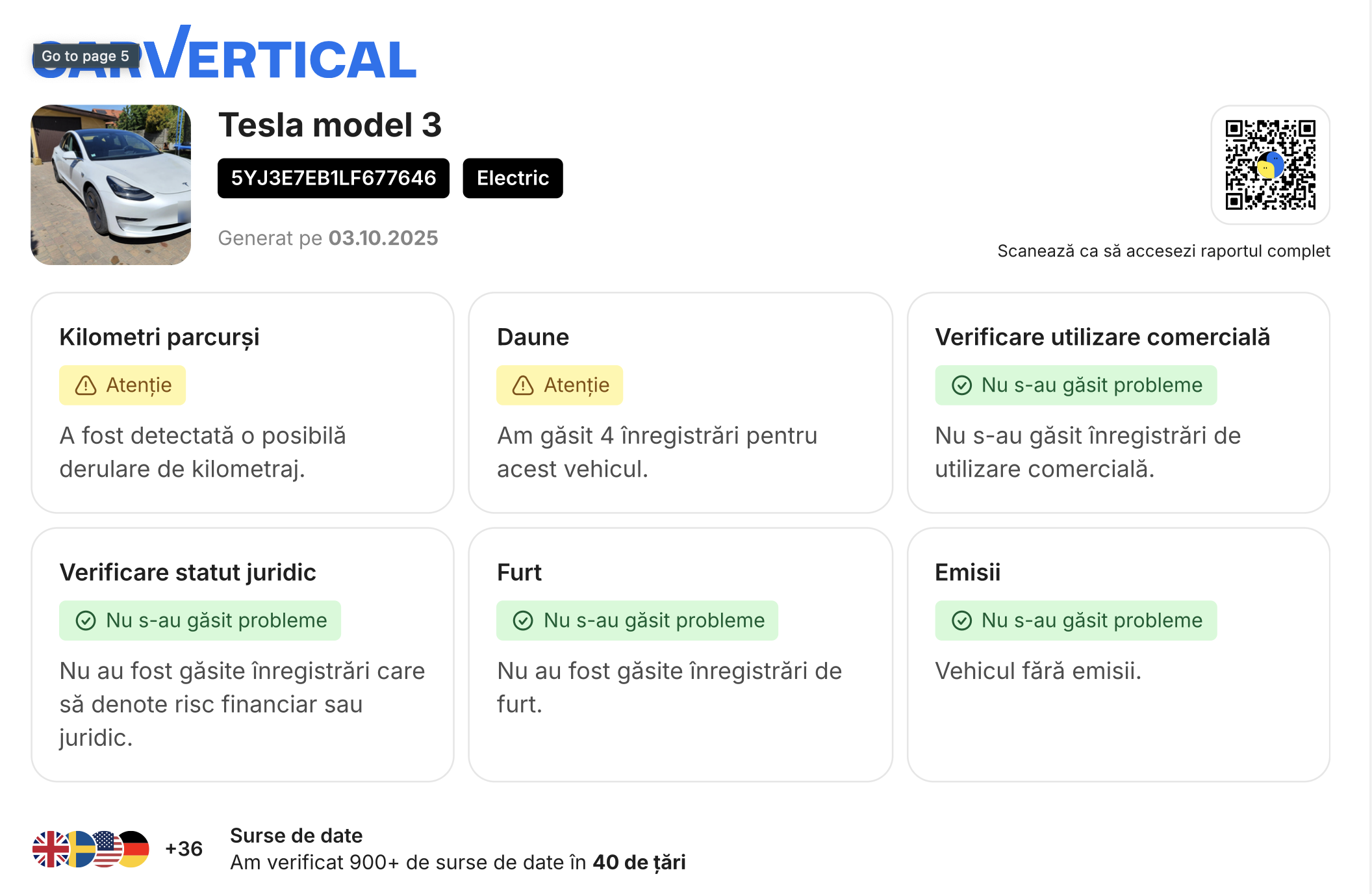 Captură de ecran a panoului rezumat dintr-un raport de istoric auto carVertical care afișează kilometrajul, daunele și verificări privind furtul.