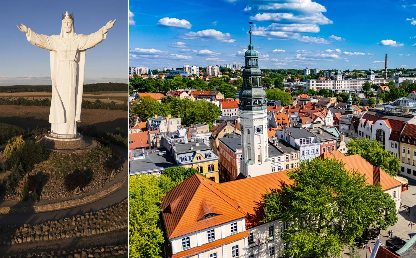 În stânga, statuia Cristos Regele în dreapta, imagine aeriană a orașului Świebodzin, supranumit Toscana Poloniei.