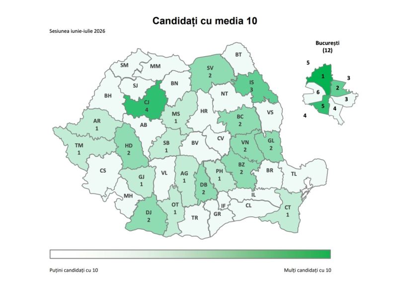 Harta mediilor de 10 la Bacalaureat 2026. Numărul absolvenților cu media maximă aproape s-a dublat față de anul trecut. Bucureștiul conduce clasamentul